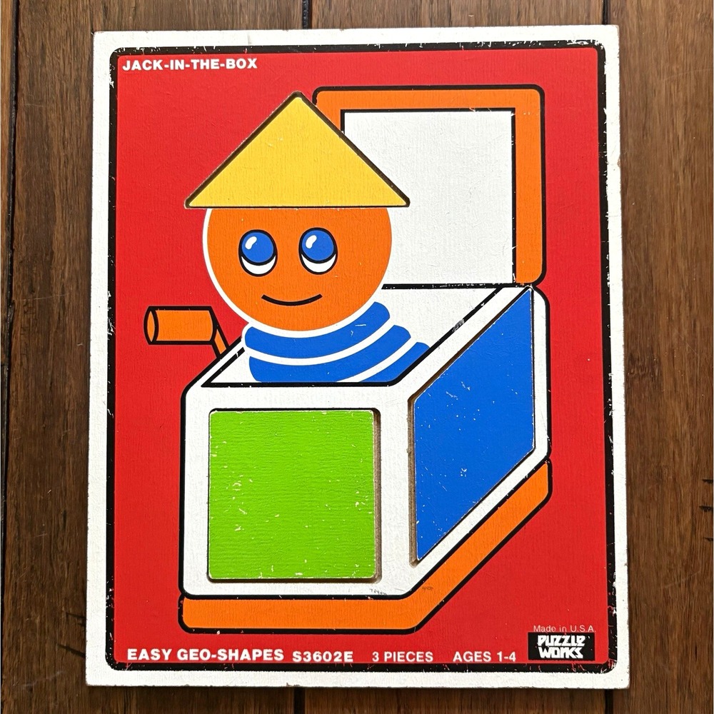 Puzzle Works Easy Geo-Shapes Jack-in-the-Box Wood Tray Puzzle 3 Pieces Ages 1-4